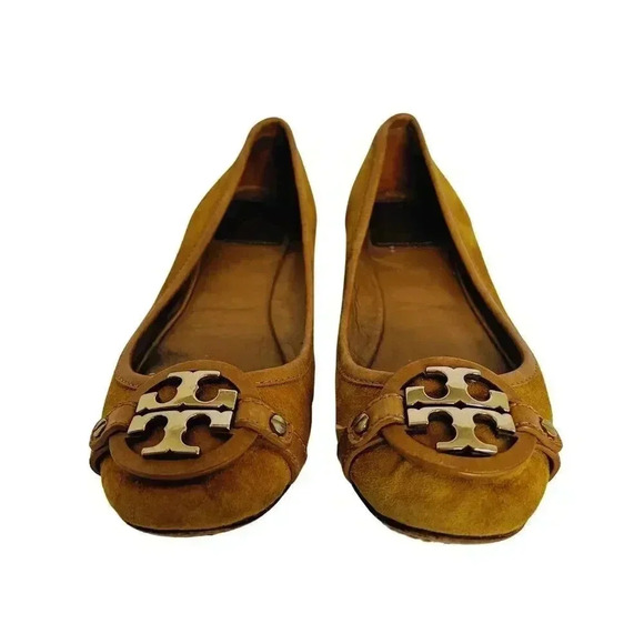 Tory Burch Yellow Suede Flats With Gold Emblem Leather Ballet Flats Size 6.5 - Picture 1 of 11